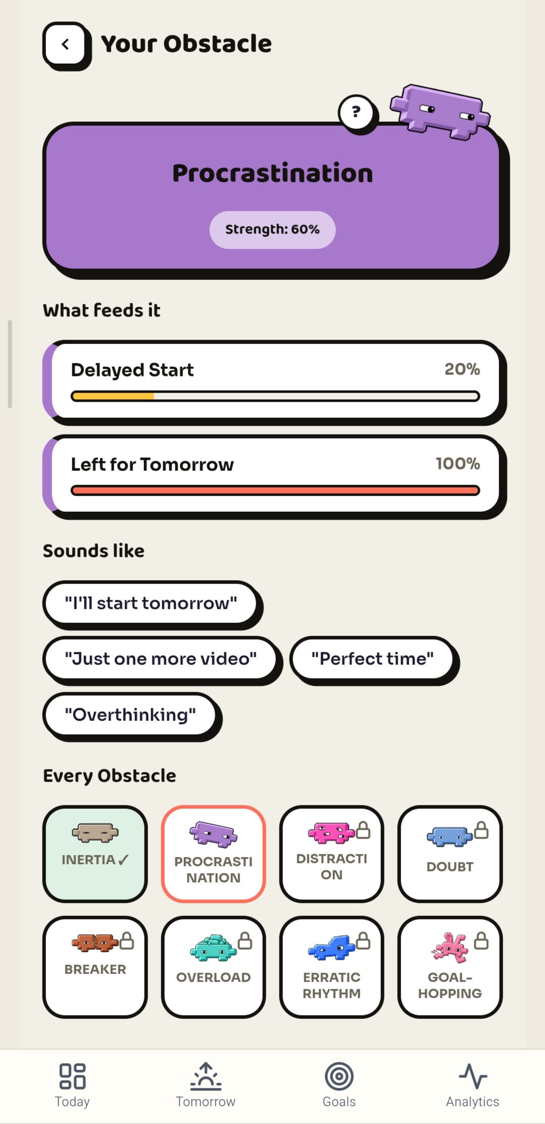 Your Obstacles screen — the full grid of 8 obstacles, some unlocked, some blurred for Pro